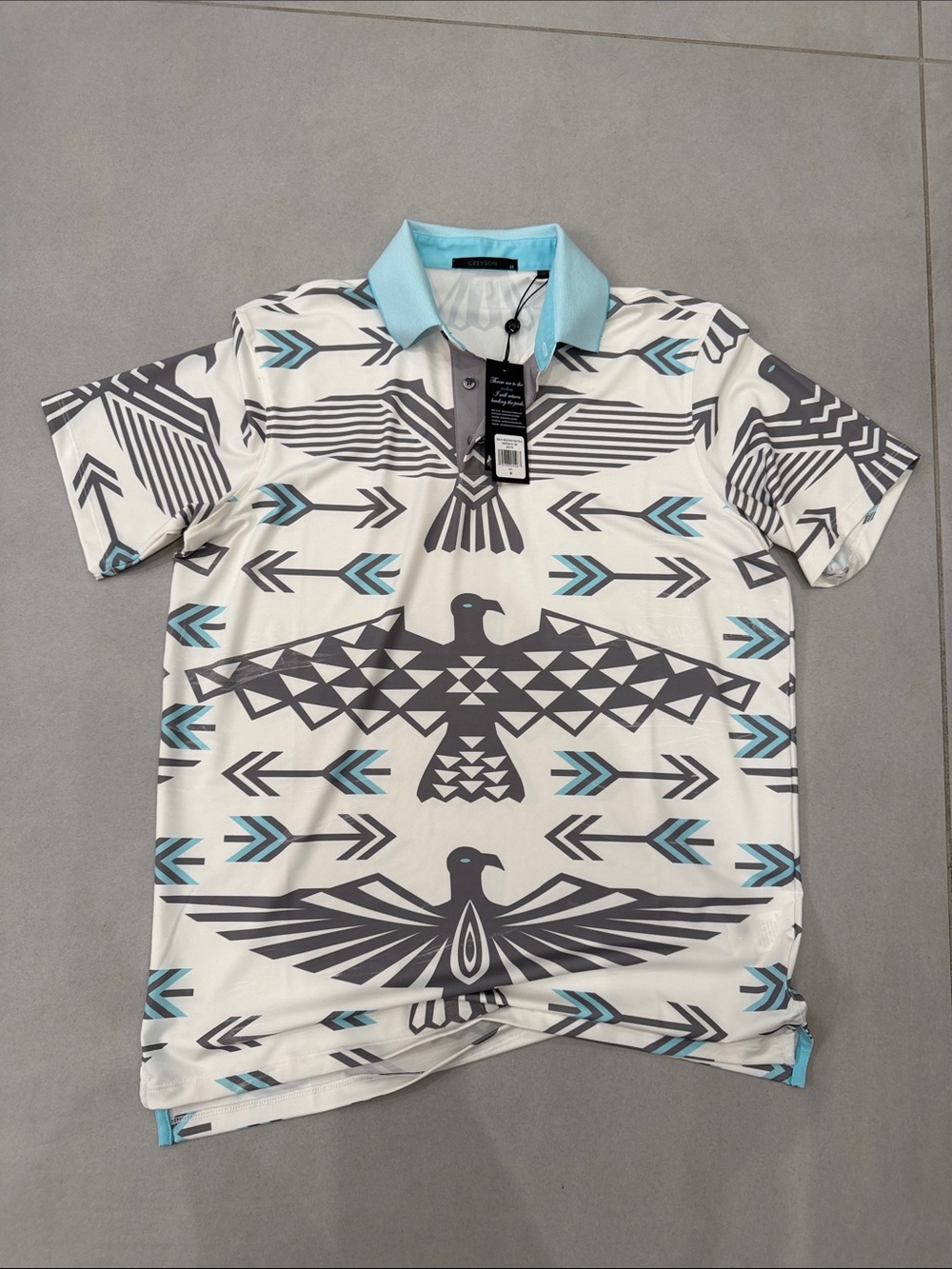 Men’s Greyson NWT Southwestern Eagle Print Polo in White & Light Blue